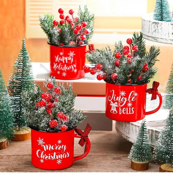 Hushee 3 Pcs Christmas Enamel Coffee Mugs 12oz Artificial Red Berry Pine 🌲 - Picture 6 of 11